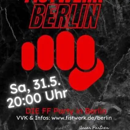 Plakat für die Fistwerk Berlin Veranstaltung mit rotem Faustsymbol und Veranstaltungsdetails.