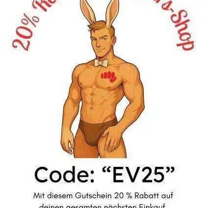 Illustration eines Mannes mit Hasenohren und einem Rabattcode für einen Online-Shop.