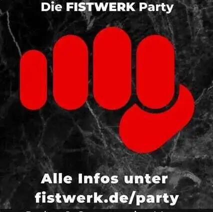 Ein roter, erhobener Faust-Symbol auf einem schwarzen Hintergrund mit Text über eine Party.