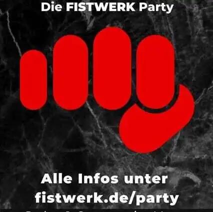 Schwarzer Flyer mit rotem Fist-Symbol und Informationen zur FISTWERK Party in Frankfurt.