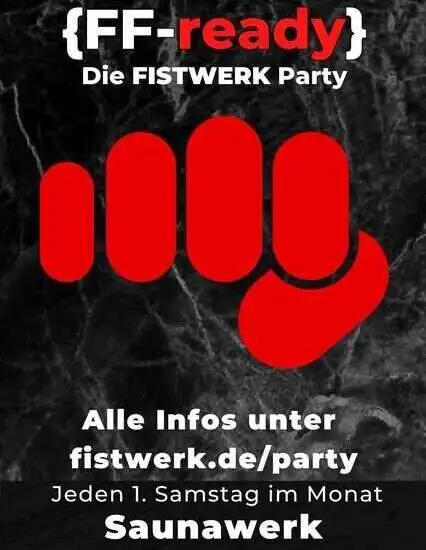 Schwarzer Flyer mit rotem Fist-Symbol und Informationen zur FISTWERK Party in Frankfurt.