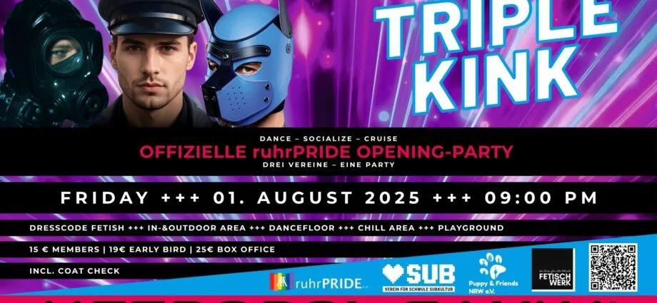 Event-Poster für die Triple Kink Party bei Metropol-Sauna mit Datum und Informationen.