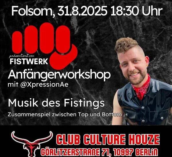 Ankündigung für einen Anfänger-Workshop zum Thema Fisting in Berlin am 31. August 2025.