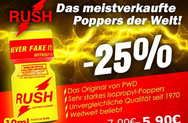 10ml Flasche Rush Poppers mit rotem Etikett und Preisangabe.